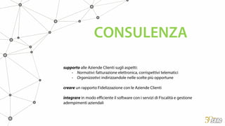 supporto alle Aziende Clienti sugli aspetti:
- Normativi: fatturazione elettronica, corrispettivi telematici
- Organizzativi: indirizzandole nelle scelte più opportune
creare un rapporto Fidelizzazione con le Aziende Clienti
integrare in modo efficiente il software con i servizi di Fiscalità e gestione
adempimenti aziendali
CONSULENZA
 
