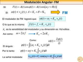 Modulación Angular- FM
( ) ( ) cos ( ) ( ) cos[ ( )]
c
F t A t t A t t t
  
  
( )
( )
t
t
t





SI: FM
El modulador de FM logrará que:
Como:
La señal modulada:
El ángulo:
Por lo tanto:
Kf es la sensibilidad del modulador y su dimensión es: Hz/voltios
1 2
( ) ( ) K
m
t v t y A K
 
   
( ) ( )
c m
t K v t

 
 
 
( ) ( )
c m
t K v t dt

 
 

( ) ( )
c m
t t K v t dt

 
  
( ) cos( ( )
FM C c m
v t V t K v t dt


  
O lo que es lo mismo: ( ) ( )
c f m
f t f K v t
 
2 f
K K
 

Así como: 2 f
 

SI:
11
 
