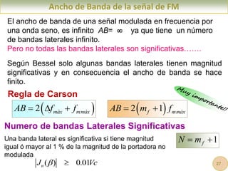 Regla de Carson
Ancho de Banda de la señal de FM
El ancho de banda de una señal modulada en frecuencia por
una onda seno, es infinito AB=  ya que tiene un número
de bandas laterales infinito.
Pero no todas las bandas laterales son significativas…….
 
2 máx mmáx
AB f f
    
2 1
f mmáx
AB m f
 
Numero de bandas Laterales Significativas
1
f
N m
 
Según Bessel solo algunas bandas laterales tienen magnitud
significativas y en consecuencia el ancho de banda se hace
finito.
Una banda lateral es significativa si tiene magnitud
igual ó mayor al 1 % de la magnitud de la portadora no
modulada
( ) 0.01
n
J Vc
  27
 