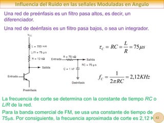 Influencia del Ruido en las señales Moduladas en Angulo
Una red de preénfasis es un filtro pasa altos, es decir, un
diferenciador.
Una red de deénfasis es un filtro pasa bajos, o sea un integrador.
La frecuencia de corte se determina con la constante de tiempo RC o
L/R de la red.
Para la banda comercial de FM, se usa una constante de tiempo de
75s. Por consiguiente, la frecuencia aproximada de corte es 2,12 KHz
1
2,12
2
C
f KHz
RC

 
75
C
L
RC s
R
 
  
42
 