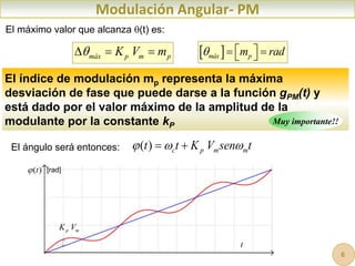 Modulación Angular- PM
El índice de modulación mp representa la máxima
desviación de fase que puede darse a la función gPM(t) y
está dado por el valor máximo de la amplitud de la
modulante por la constante kP Muy importante!!
El máximo valor que alcanza (t) es:
máx p m p
K V m

    
máx p
m rad
  
 
 
El ángulo será entonces: ( ) c p m m
t t K V sen t
  
 
t
( )
t
 [rad]
p m
K V
6
 