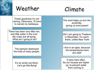 Weather I live in an igloo, because  the temperatures here are cold!  There has been very little rain,  and little water in the river.  My crops are all dying.  What am I going to do? The wind helps us turn the  windmills,  giving us wind power! Oh! I am going to Thailand  in December. It’s warm  there, unlike New York! It rains here often.  So our houses are higher  up, to prevent water  from coming in.  It’s so windy out there.  Let’s go kite-flying! Thank goodness it’s not  raining. Otherwise, I’ll have to cancel my barbeque.  The typhoon destroyed  the lives of many people.  Climate 