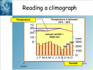 Reading a climograph  Equator 30˚N   0˚   Annual rainfall = 2660 mm Temperature Rainfall Temperature is between 24 o C – 30 o C 250 200 160 