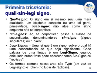 Primeira tricotomia:
quali-sin-legi signo.
• Quali-signo: O signo em si mesmo será uma mera
  qualidade, um existente concreto ou uma lei geral,
  primeiridade, quali-signo: não atua como signo
  enquanto não se corporificar.
• Sin-signos: Ao se corporificar, passa a classe da
  secundidade, denominando-se sin-signo (signos
  singulares) ou “Token”.
• Legi-Signos – Uma lei que é um signo, sobre o qual há
  uma concordância de que seja significante. Cada
  palavra de uma língua é um Legi-Signo, quando
  articulada numa frase pode aparecer como Sin-Signo ou
  “réplicas”.
• Os termos comuns nessa área são Type (em vez de
  Legi-signo) e Token (no lugar de réplicas).         16
 