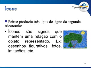 Tipos de signo
Ícone

  Peirce produziu três tipos de signo da segunda
tricotomia:
• Ícones são signos que
   mantém uma relação com o
   objeto representado. Ex:
   desenhos figurativos, fotos,
   imitações, etc.

                                                     18
 