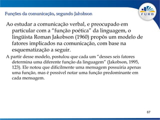 Funções da comunicação, segundo Jakobson

Ao estudar a comunicação verbal, e preocupado em
  particular com a “função poética” da linguagem, o
  lingüista Roman Jakobson (1960) propôs um modelo de
  fatores implicados na comunicação, com base na
  esquematização a seguir.
A partir desse modelo, postulou que cada um “desses seis fatores
   determina uma diferente função da linguagem” (Jakobson, 1995,
   123). Ele notou que dificilmente uma mensagem possuiria apenas
   uma função, mas é possível notar uma função predominante em
   cada mensagem.




                                                                    67
 