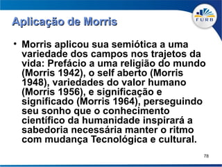 Aplicação de Morris
• Morris aplicou sua semiótica a uma
  variedade dos campos nos trajetos da
  vida: Prefácio a uma religião do mundo
  (Morris 1942), o self aberto (Morris
  1948), variedades do valor humano
  (Morris 1956), e significação e
  significado (Morris 1964), perseguindo
  seu sonho que o conhecimento
  científico da humanidade inspirará a
  sabedoria necessária manter o ritmo
  com mudança Tecnológica e cultural.
                                       78
 
