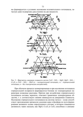 73
вы формируются в условиях наложения положительного потенциала, за-
частую даже подвергаясь расслоению на две жидкости.
Рис. 2 – Фрагменты диаграмм плавкости систем CaO – SiO2 – MgO, MgO – SiO2 –
Cr2O3 и FeO – SiO2 – MnO (п – положительный потенциал, м – отрицательный
потенциал, о – без электрических воздействий).
При обычном процессе конвертирования и при наложении потенциала
отрицательной полярности формируются близкие по температурным па-
раметрам шлаковые расплавы. Причем при воздействии отрицательного
потенциала составы, вероятно, отвечают граничным температурным об-
ластям, т. е. соответствуют линиям ликвидусов на диаграммах плавкости.
Наложение отрицательного потенциала на систему металл – шлак способ-
ствует прохождению процессов удаления серы и фосфора по пути форми-
рования активного шлака определенного состава, в котором повышается
активность таких оксидов, как MgO, Cr2O3 и СаО, способных к связыва-
 