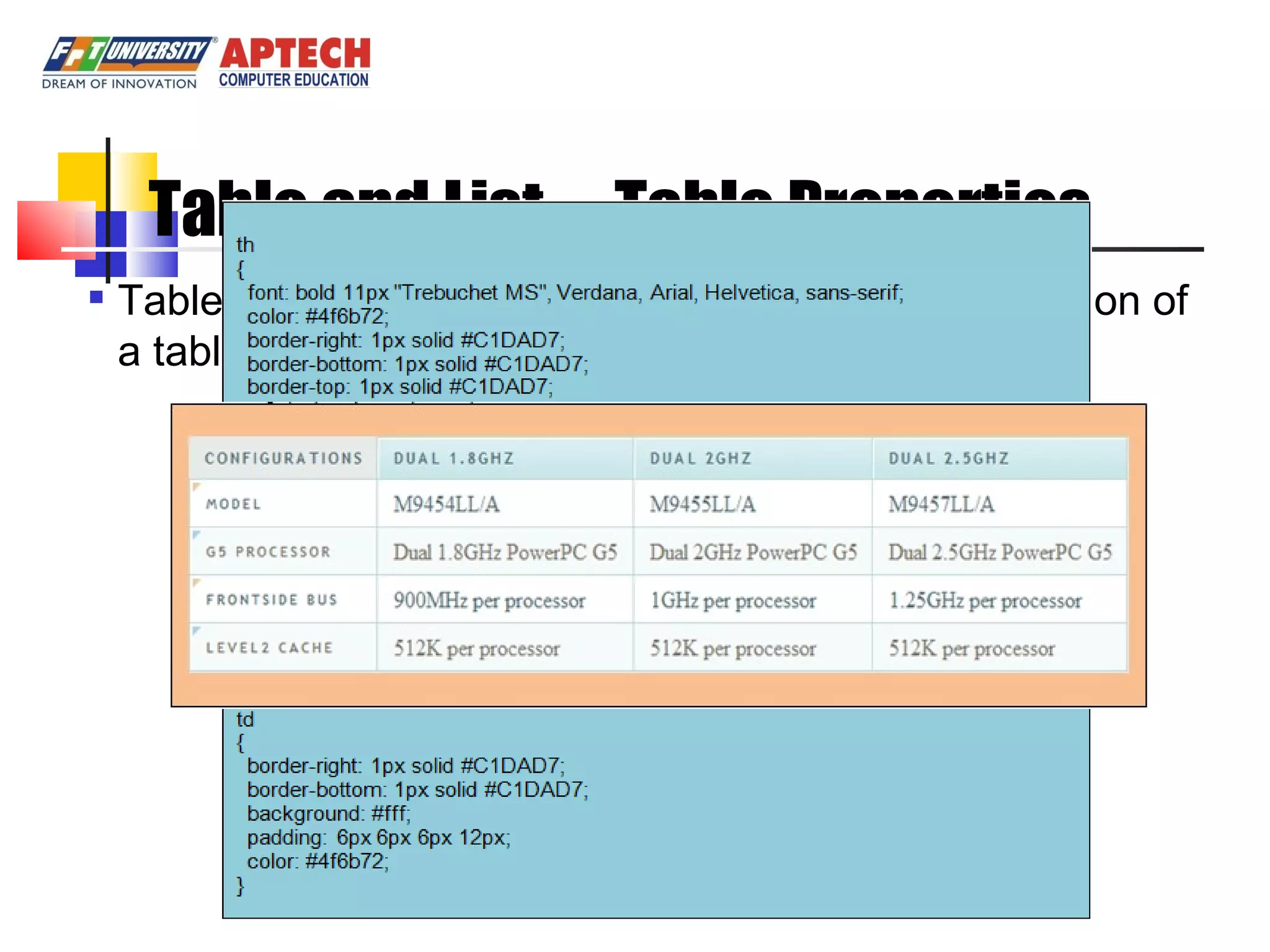 Table and List - Table Properties Table properties specify the structure and presentation of a table 
