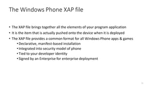 • The XAP file brings together all the elements of your program application
• It is the item that is actually pushed onto the device when it is deployed
• The XAP file provides a common format for all Windows Phone apps & games
•Declarative, manifest-based installation
•Integrated into security model of phone
•Tied to your developer identity
•Signed by an Enterprise for enterprise deployment
The Windows Phone XAP file
11
 