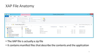 • The XAP file is actuallya zip file
• It contains manifest files that describe the contentsand the application
XAP File Anatomy
12
 