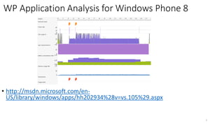 7
• http://msdn.microsoft.com/en-
US/library/windows/apps/hh202934%28v=vs.105%29.aspx
WP Application Analysis for Windows Phone 8
 