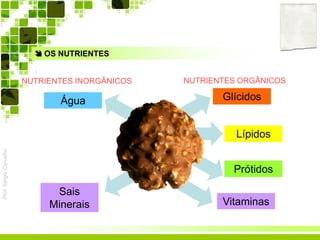 Prof.SérgioCarvalho
 OS NUTRIENTES
Glícidos
Lípidos
Prótidos
Água
Sais
Minerais
NUTRIENTES INORGÂNICOS NUTRIENTES ORGÂNICOS
Vitaminas
 