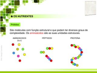 Prof.SérgioCarvalho
Prótidos
 OS NUTRIENTES
São moléculas com função estrutural e que podem ter diversos graus de
complexidade. Os aminoácidos são as suas unidades estruturais.
AMINOÁCIDOS
(a.a.)
PÉPTIDOS PROTEÍNA
 