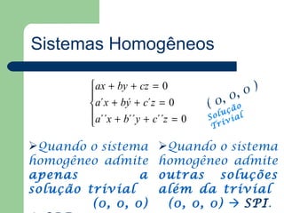 Sistemas Homogêneos

         ax + by + cz = 0                    0)
                                        0,
         a´x + bý + c´z = 0       ( 0, ç ã o
         a´´x + b´´y + c´´z = 0      u
                                   Sol vial
                                   Tr
                                       i


Quando o sistema        Quando o sistema
homogêneo admite         homogêneo admite
apenas           a       outras soluções
solução trivial          além da trivial
         (0, 0, 0)        (0, 0, 0)  SPI.
 