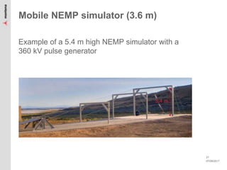07/09/2017
21
Mobile NEMP simulator (3.6 m)
Example of a 5.4 m high NEMP simulator with a
360 kV pulse generator
5.4 m
 