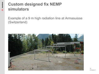 07/09/2017
22
Custom designed fix NEMP
simulators
Example of a 9 m high radiation line at Armasuisse
(Switzerland)
9 m
 