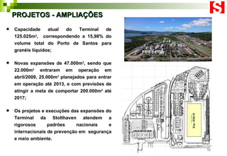 PROJETOS - AMPLIAÇÕES Capacidade atual do Terminal de 125.025m 3 ,  correspondendo a 15,98% do volume total do Porto de Santos para granéis líquidos;  Novas expansões de 47.000m 3 , sendo que 22.000m 3  entraram em operação em abril/2009, 25.000m 3  planejados para entrar em operação até 2013, e com previsões de atingir a meta de comportar 200.000m 3  até 2017;  Os projetos e execuções das expansões do Terminal da Stolthaven atendem a rigorosos padrões nacionais e internacionais de prevenção em  segurança e meio ambiente.  Exp. Area III 