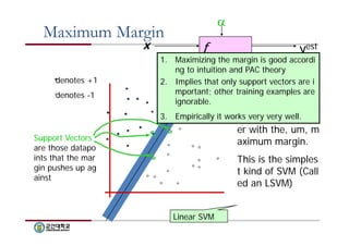 Maximum Margin 
x f 
 
yest 
denotes +1 
denotes -1 
f(x,w,b) = sign(w x + b) 
The maximum mar 
gin linear classifier 
is the linear classifi 
er with the, um, m 
aximum margin. 
This is the simples 
t kind of SVM (Call 
ed an LSVM) 
Linear SVM 
Support Vectors 
are those datapo 
ints that the mar 
gin pushes up ag 
ainst 
1. Maximizing the margin is good accordi 
ng to intuition and PAC theory 
2. Implies that only support vectors are i 
mportant; other training examples are 
ignorable. 
3. Empirically it works very very well. 
 