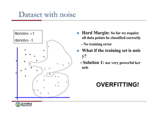 Dataset with noise 
 Hard Margin: So far we require 
all data points be classified correctly 
- No training error 
 What if the training set is nois 
y? 
- Solution 1: use very powerful ker 
nels 
denotes +1 
denotes -1 
OVERFITTING! 
 