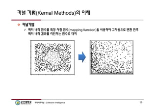 커널 기법(Kernal Methods)의 이해 
 커널기법 
 벡터 내적 함수를 특정 사항 함수(mapping function)을 사용하여 고차원으로 변환 한후 
벡터 내적 결과를 리턴하는 함수로 대치 
데이터마이닝 : Collective Intelligence 25 
