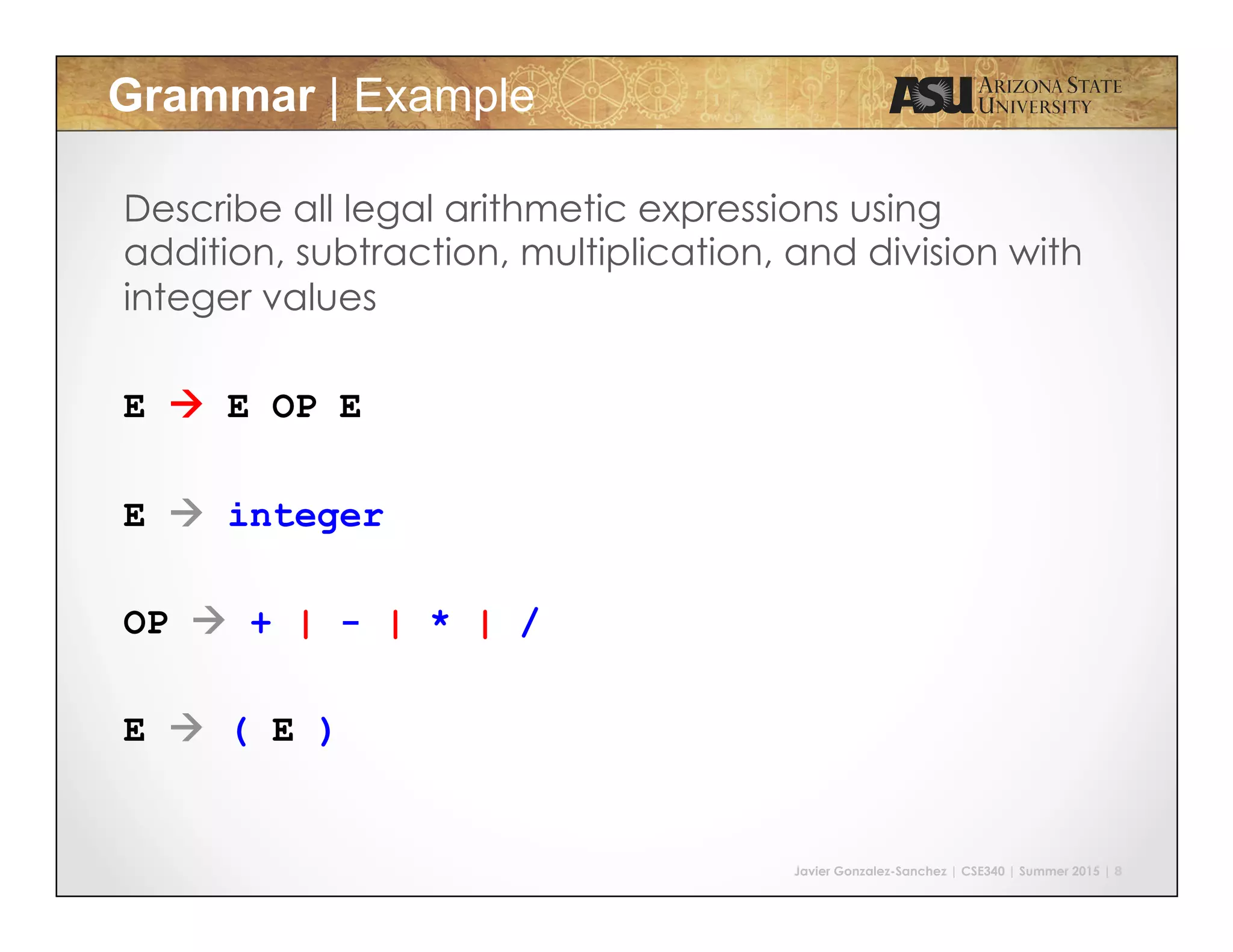 Javier Gonzalez-Sanchez | CSE340 | Summer 2015 | 8
Grammar | Example
Describe all legal arithmetic expressions using
addition, subtraction, multiplication, and division with
integer values
E à E OP E
E à integer
OP à + | - | * | /
E à ( E )
 