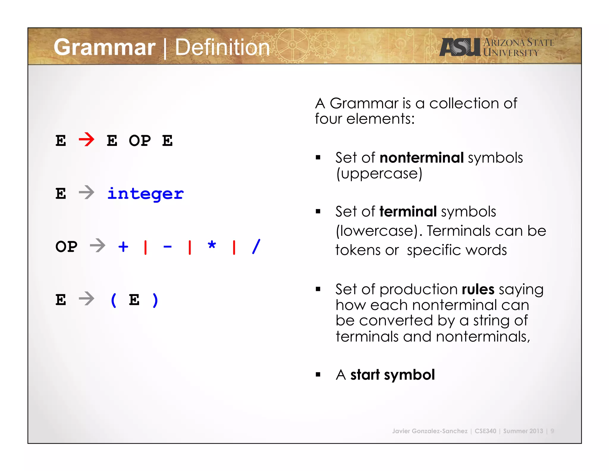 Javier Gonzalez-Sanchez | CSE340 | Summer 2013 | 9
A Grammar is a collection of
four elements:
§  Set of nonterminal symbols
(uppercase)
§  Set of terminal symbols
(lowercase). Terminals can be
tokens or specific words
§  Set of production rules saying
how each nonterminal can
be converted by a string of
terminals and nonterminals,
§  A start symbol
E à E OP E
E à integer
OP à + | - | * | /
E à ( E )
Grammar | Definition
 