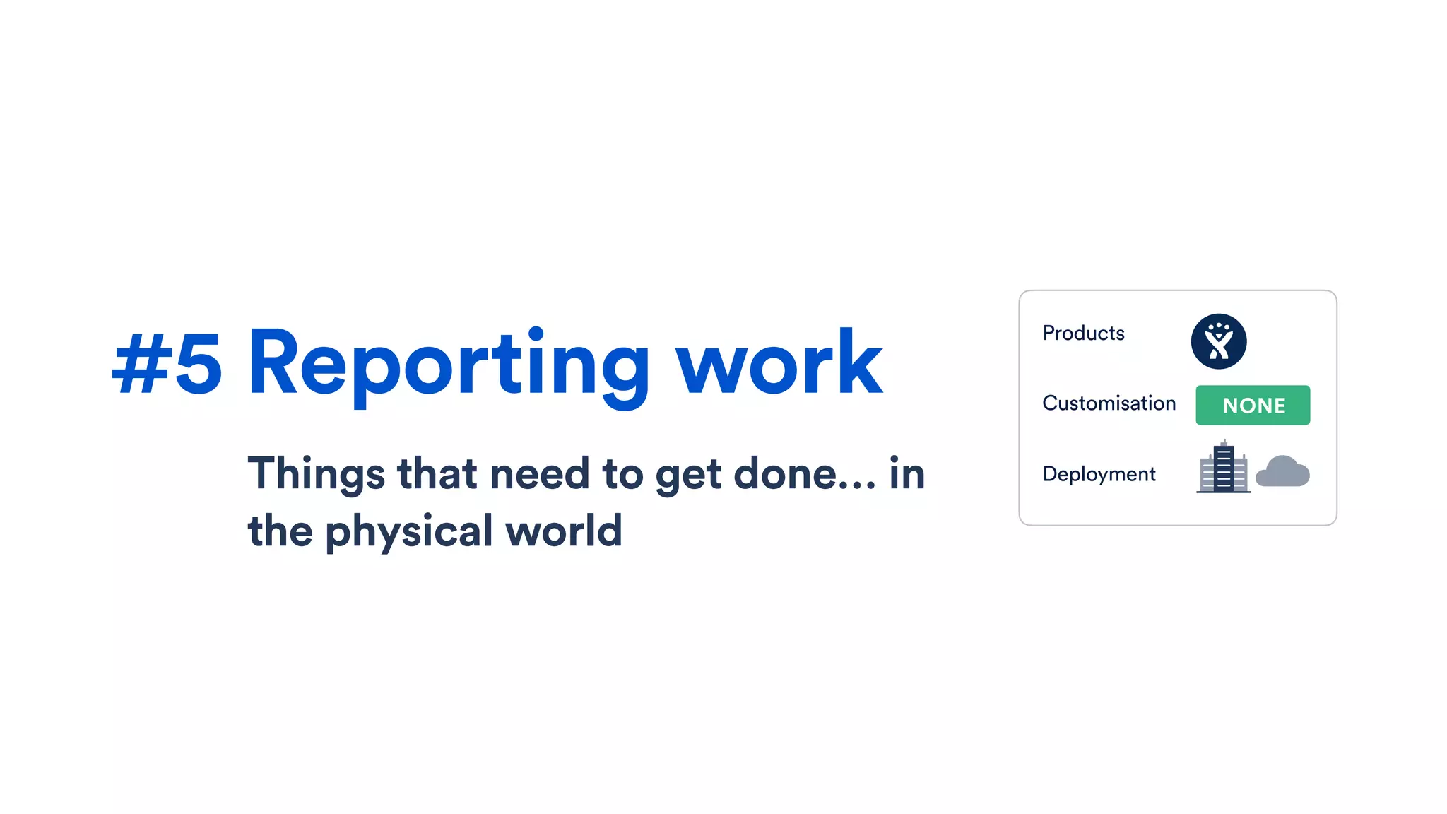 Things that need to get done… in
the physical world
#5 Reporting work
Products
Customisation
Deployment
NONE
 