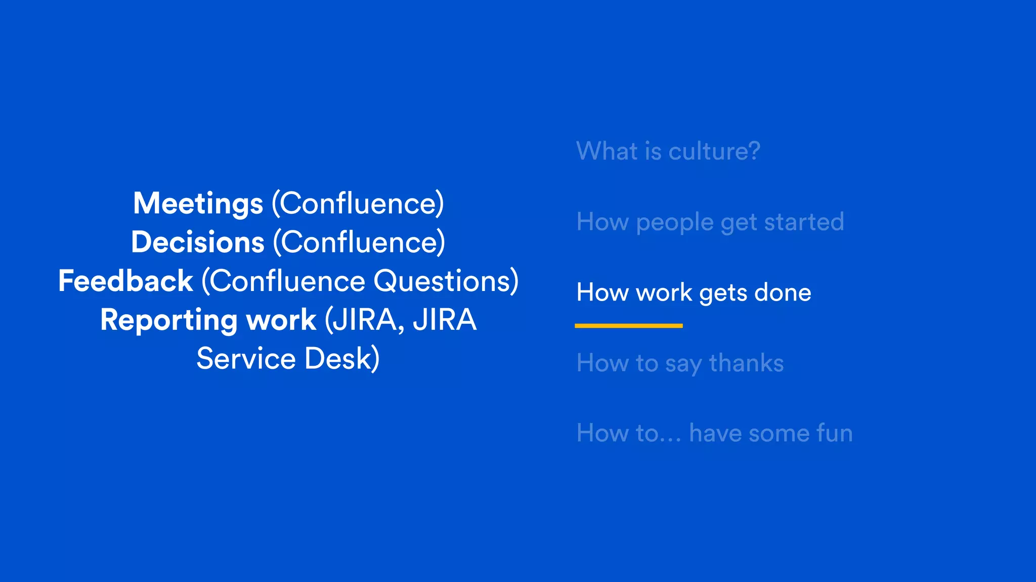 Meetings (Confluence)
Decisions (Confluence)
Feedback (Confluence Questions)
Reporting work (JIRA, JIRA
Service Desk)
What is culture?
How people get started
How work gets done
How to say thanks
How to… have some fun
 