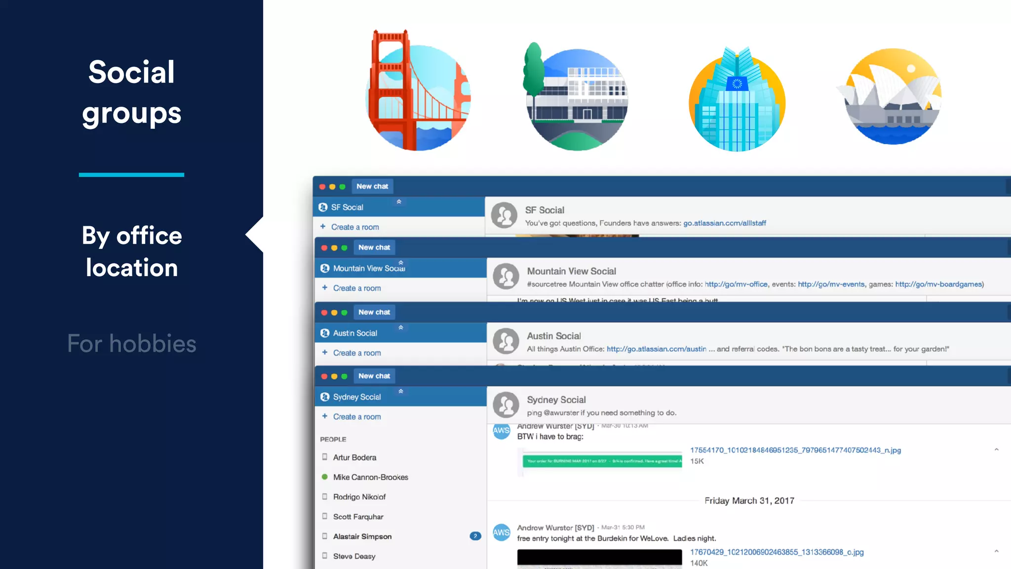 Social
groups
By office
location
For hobbies
 