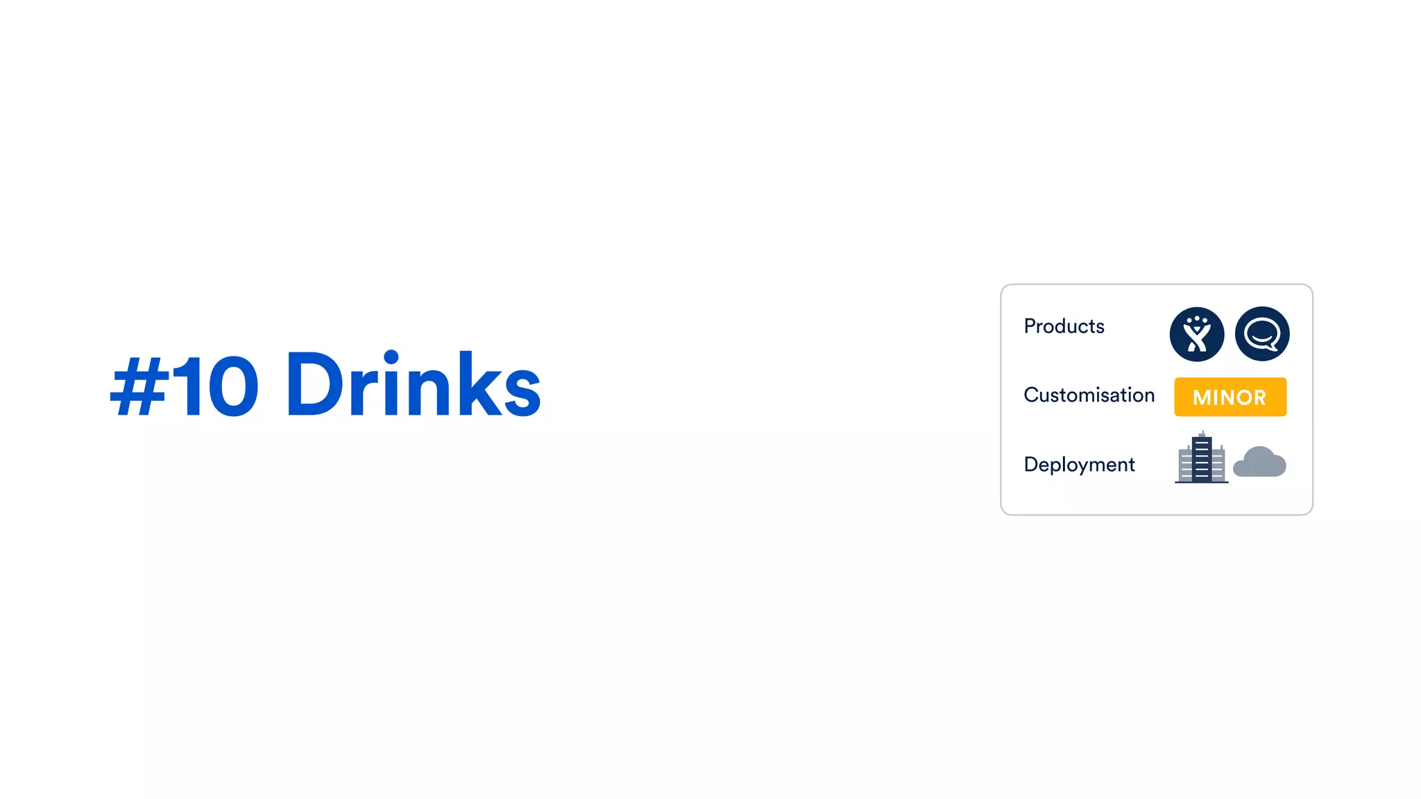#10 Drinks
Products
Customisation
Deployment
MINOR
 