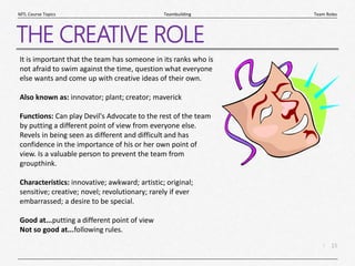 15
|
Team Roles
Teambuilding
MTL Course Topics
THE CREATIVE ROLE
It is important that the team has someone in its ranks who is
not afraid to swim against the time, question what everyone
else wants and come up with creative ideas of their own.
Also known as: innovator; plant; creator; maverick
Functions: Can play Devil's Advocate to the rest of the team
by putting a different point of view from everyone else.
Revels in being seen as different and difficult and has
confidence in the importance of his or her own point of
view. Is a valuable person to prevent the team from
groupthink.
Characteristics: innovative; awkward; artistic; original;
sensitive; creative; novel; revolutionary; rarely if ever
embarrassed; a desire to be special.
Good at...putting a different point of view
Not so good at...following rules.
 