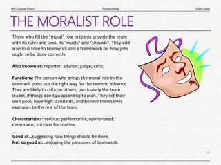 18
|
Team Roles
Teambuilding
MTL Course Topics
THE MORALIST ROLE
Those who fill the "moral" role in teams provide the team
with its rules and laws, its "musts" and "shoulds". They add
a serious tone to teamwork and a framework for how jobs
ought to be done correctly.
Also known as: reporter; advisor; judge; critic.
Functions: The person who brings the moral role to the
team will point out the right way for the team to advance.
They are likely to criticise others, particularly the team
leader, if things don't go according to plan. They set their
own pace, have high standards, and believe themselves
examples to the rest of the team.
Characteristics: serious; perfectionist; opinionated;
censorious; sticklers for routine..
Good at…suggesting how things should be done.
Not so good at...enjoying the pleasures of teamwork.
 