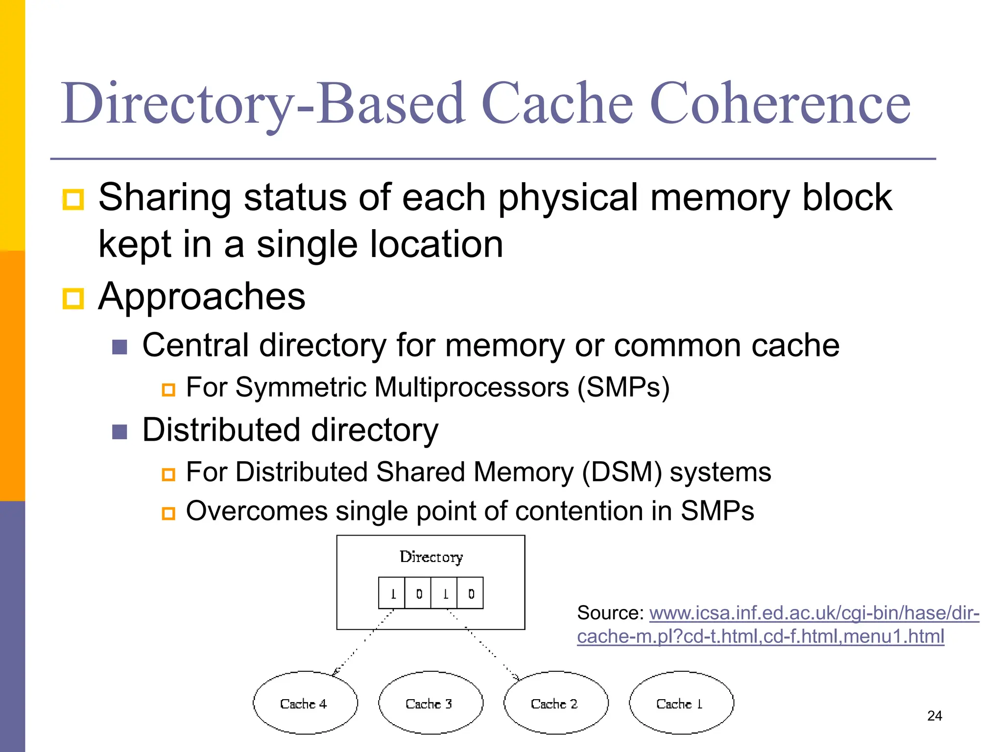 Directory-Based Cache Coherence
 Sharing status of each physical memory block
kept in a single location
 Approaches
 Central directory for memory or common cache
 For Symmetric Multiprocessors (SMPs)
 Distributed directory
 For Distributed Shared Memory (DSM) systems
 Overcomes single point of contention in SMPs
24
Source: www.icsa.inf.ed.ac.uk/cgi-bin/hase/dir-
cache-m.pl?cd-t.html,cd-f.html,menu1.html
 