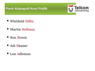 Pionir Kriptograf Kunci PublikPionir Kriptograf Kunci Publik
● Whitfield Diffie
● Martin Hellman
● Ron Rivest
● Adi Shamir
● Len Adleman
 