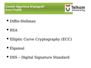 Contoh Algoritma Kriptograf
Kunci Publik
Contoh Algoritma Kriptograf
Kunci Publik
● Diffie-Hellman
● RSA
● Elliptic Curve Cryptography (ECC)
● Elgamal
● DSS – Digital Signature Standard
 