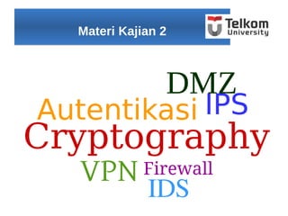 Materi Kajian 2Materi Kajian 2
Cryptography
Autentikasi
VPN Firewall
IDS
IPS
DMZ
 