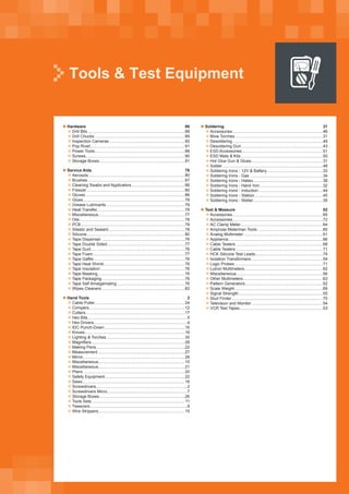Tools & Test Equipment
„„ Hardware 88
„„ Drill Bits�������������������������������������������������������������������������������������88
„„ Drill Chucks�������������������������������������������������������������������������������89
„„ Inspection Cameras������������������������������������������������������������������92
„„ Pop Rivet�����������������������������������������������������������������������������������91
„„ Power Tools�������������������������������������������������������������������������������88
„„ Screws��������������������������������������������������������������������������������������90
„„ Storage Boxes���������������������������������������������������������������������������91
„„ Service Aids 76
„„ Aerosols������������������������������������������������������������������������������������80
„„ Brushes�������������������������������������������������������������������������������������87
„„ Cleaning Swabs and Applicators�����������������������������������������������86
„„ Freezer��������������������������������������������������������������������������������������80
„„ Gloves���������������������������������������������������������������������������������������86
„„ Glues�����������������������������������������������������������������������������������������78
„„ Grease Lubricants���������������������������������������������������������������������79
„„ Heat Transfer����������������������������������������������������������������������������78
„„ Miscellaneous���������������������������������������������������������������������������77
„„ Oils��������������������������������������������������������������������������������������������78
„„ PCB�������������������������������������������������������������������������������������������79
„„ Silastic and Sealant�������������������������������������������������������������������78
„„ Silicone��������������������������������������������������������������������������������������80
„„ Tape Dispenser�������������������������������������������������������������������������76
„„ Tape Double Sided��������������������������������������������������������������������77
„„ Tape Duct����������������������������������������������������������������������������������76
„„ Tape Foam��������������������������������������������������������������������������������77
„„ Tape Gaffer��������������������������������������������������������������������������������76
„„ Tape Heat Shrink�����������������������������������������������������������������������76
„„ Tape Insulation��������������������������������������������������������������������������76
„„ Tape Masking����������������������������������������������������������������������������76
„„ Tape Packaging�������������������������������������������������������������������������76
„„ Tape Self Amalgamating�����������������������������������������������������������76
„„ Wipes Cleaners�������������������������������������������������������������������������82
„„ Hand Tools 2
„„ Cable Puller�������������������������������������������������������������������������������24
„„ Crimpers������������������������������������������������������������������������������������12
„„ Cutters���������������������������������������������������������������������������������������17
„„ Hex Bits���������������������������������������������������������������������������������������5
„„ Hex Drivers���������������������������������������������������������������������������������4
„„ IDC Punch-Down����������������������������������������������������������������������16
„„ Knives���������������������������������������������������������������������������������������16
„„ Lighting  Torches���������������������������������������������������������������������30
„„ Magnifiers����������������������������������������������������������������������������������28
„„ Making Pens�����������������������������������������������������������������������������22
„„ Measurement����������������������������������������������������������������������������27
„„ Mirror�����������������������������������������������������������������������������������������28
„„ Miscellaneous���������������������������������������������������������������������������10
„„ Miscellaneous���������������������������������������������������������������������������21
„„ Pliers�����������������������������������������������������������������������������������������20
„„ Safety Equipment����������������������������������������������������������������������22
„„ Saws�����������������������������������������������������������������������������������������16
„„ Screwdrivers�������������������������������������������������������������������������������2
„„ Screwdrivers Micro����������������������������������������������������������������������7
„„ Storage Boxes���������������������������������������������������������������������������26
„„ Tools Sets����������������������������������������������������������������������������������11
„„ Tweezers�������������������������������������������������������������������������������������9
„„ Wire Strippers���������������������������������������������������������������������������15
„„ Soldering 31
„„ Accessories�������������������������������������������������������������������������������46
„„ Blow Torches�����������������������������������������������������������������������������31
„„ Desoldering�������������������������������������������������������������������������������49
„„ Desoldering Gun�����������������������������������������������������������������������43
„„ ESD Accessories�����������������������������������������������������������������������51
„„ ESD Mats  Kits������������������������������������������������������������������������50
„„ Hot Glue Gun  Glues��������������������������������������������������������������31
„„ Solder����������������������������������������������������������������������������������������48
„„ Soldering Irons - 12V  Battery�������������������������������������������������33
„„ Soldering Irons - Gas����������������������������������������������������������������34
„„ Soldering Irons - Hakko�������������������������������������������������������������38
„„ Soldering Irons - Hand Iron�������������������������������������������������������32
„„ Soldering Irons - Induction��������������������������������������������������������44
„„ Soldering Irons - Station������������������������������������������������������������45
„„ Soldering Irons - Weller�������������������������������������������������������������35
„„ Test  Measure 52
„„ Accessories�������������������������������������������������������������������������������65
„„ Accessories�������������������������������������������������������������������������������72
„„ AC Clamp Meter������������������������������������������������������������������������64
„„ Amprose Meterman Tools���������������������������������������������������������60
„„ Analog Multimeter���������������������������������������������������������������������61
„„ Appliance����������������������������������������������������������������������������������66
„„ Cable Testers����������������������������������������������������������������������������68
„„ Cable Testers����������������������������������������������������������������������������71
„„ HCK Silicone Test Leads�����������������������������������������������������������74
„„ Isolation Transformers���������������������������������������������������������������54
„„ Logic Probes�����������������������������������������������������������������������������71
„„ Lutron Multimeters��������������������������������������������������������������������62
„„ Miscellaneous���������������������������������������������������������������������������56
„„ Other Multimeters����������������������������������������������������������������������63
„„ Pattern Generators��������������������������������������������������������������������52
„„ Scale Weight�����������������������������������������������������������������������������69
„„ Signal Strength��������������������������������������������������������������������������55
„„ Stud Finder��������������������������������������������������������������������������������70
„„ Television and Monitor��������������������������������������������������������������54
„„ VCR Test Tapes�������������������������������������������������������������������������53
 