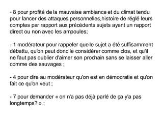 8 pour profité de la mauvaise ambiance et du climat tendu pour lancer des attaques personnelles,histoire de réglé leurs comptes par rapport aux précédents sujets ayant un rapport direct ou non avec les ampoules; - 1 modérateur pour rappeler que le sujet a été suffisamment débattu, qu'on peut donc le considérer comme clos, et qu'il ne faut pas oublier d'aimer son prochain sans se laisser aller comme des sauvages ;  - 4 pour dire au modérateur qu'on est en démocratie et qu'on fait ce qu'on veut ;  - 7 pour demander « on n'a pas déjà parlé de ça y'a pas longtemps? » ;  