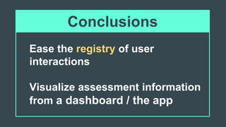 Ease the registry of user
interactions
Visualize assessment information
from a dashboard / the app
Conclusions
 