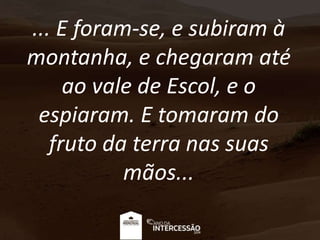 ... E foram-se, e subiram à
montanha, e chegaram até
ao vale de Escol, e o
espiaram. E tomaram do
fruto da terra nas suas
mãos...
 