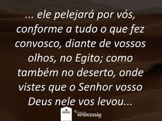 ... ele pelejará por vós,
conforme a tudo o que fez
convosco, diante de vossos
olhos, no Egito; como
também no deserto, onde
vistes que o Senhor vosso
Deus nele vos levou...
 