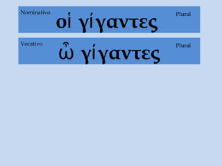 οἱ γίγαντες
PluralNominativo
ὦ γίγαντες
PluralVocativo
 