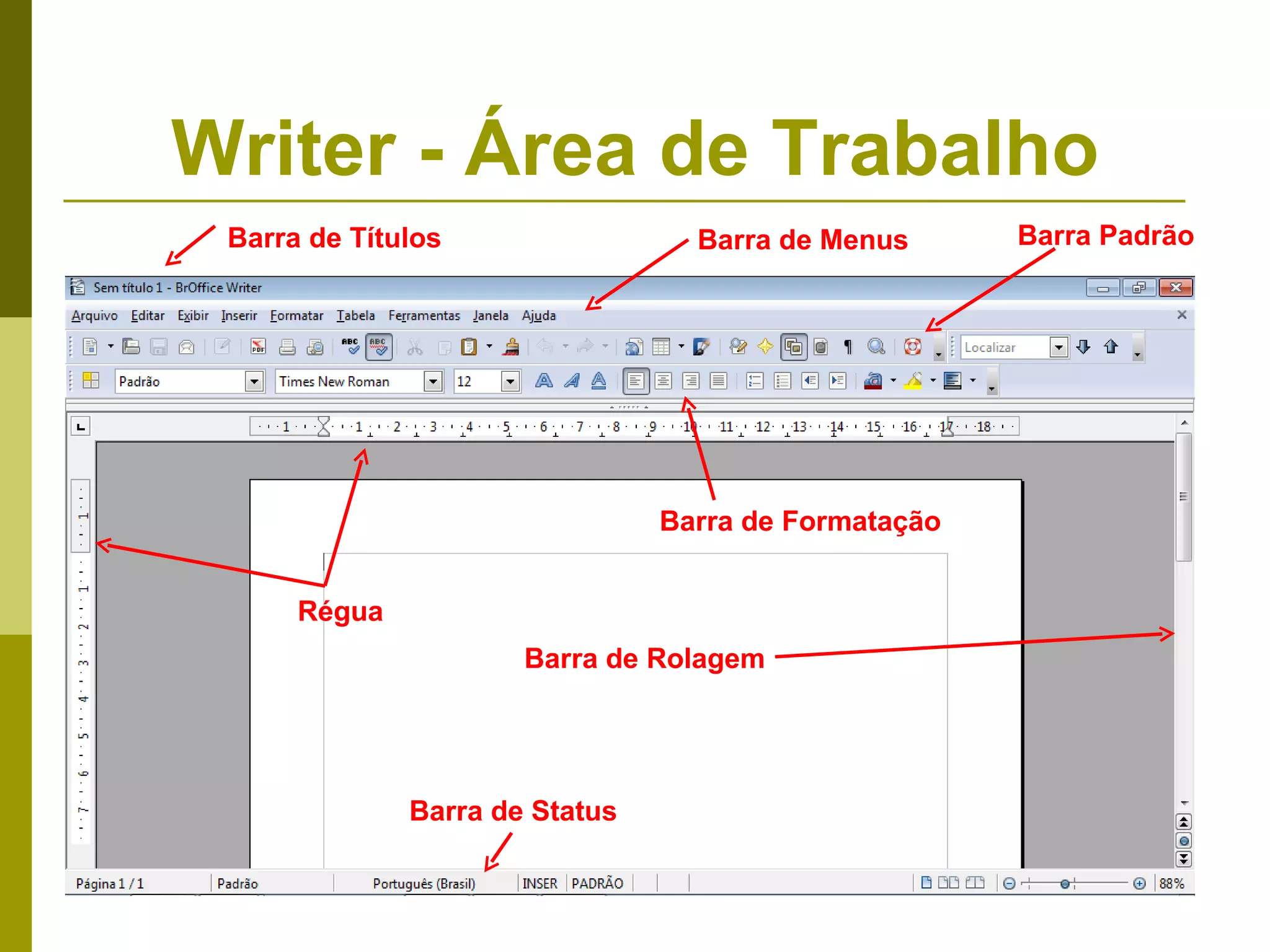 Writer - Área de Trabalho
 Barra de Títulos                 Barra de Menus      Barra Padrão




                                Barra de Formatação


      Régua
                      Barra de Rolagem




              Barra de Status
 