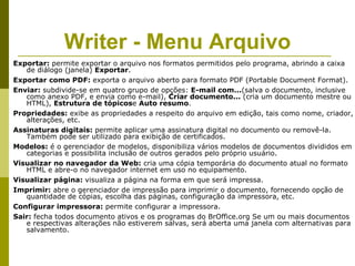 Writer - Menu Arquivo
Exportar: permite exportar o arquivo nos formatos permitidos pelo programa, abrindo a caixa
   de diálogo (janela) Exportar.
Exportar como PDF: exporta o arquivo aberto para formato PDF (Portable Document Format).
Enviar: subdivide-se em quatro grupo de opções: E-mail com...(salva o documento, inclusive
   como anexo PDF, e envia como e-mail), Criar documento... (cria um documento mestre ou
   HTML), Estrutura de tópicose Auto resumo.
Propriedades: exibe as propriedades a respeito do arquivo em edição, tais como nome, criador,
   alterações, etc.
Assinaturas digitais: permite aplicar uma assinatura digital no documento ou removê-la.
   Também pode ser utilizado para exibição de certificados.
Modelos: é o gerenciador de modelos, disponibiliza vários modelos de documentos divididos em
   categorias e possibilita inclusão de outros gerados pelo próprio usuário.
Visualizar no navegador da Web: cria uma cópia temporária do documento atual no formato
   HTML e abre-o no navegador internet em uso no equipamento.
Visualizar página: visualiza a página na forma em que será impressa.
Imprimir: abre o gerenciador de impressão para imprimir o documento, fornecendo opção de
   quantidade de cópias, escolha das páginas, configuração da impressora, etc.
Configurar impressora: permite configurar a impressora.
Sair: fecha todos documento ativos e os programas do BrOffice.org Se um ou mais documentos
   e respectivas alterações não estiverem salvas, será aberta uma janela com alternativas para
   salvamento.
 
