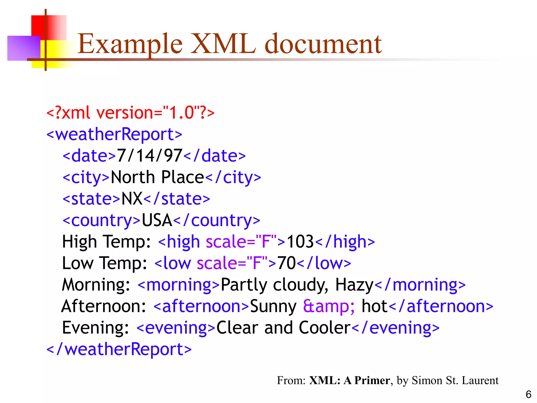 6
Example XML document
<?xml version="1.0"?>
<weatherReport>
<date>7/14/97</date>
<city>North Place</city>
<state>NX</state>
<country>USA</country>
High Temp: <high scale="F">103</high>
Low Temp: <low scale="F">70</low>
Morning: <morning>Partly cloudy, Hazy</morning>
Afternoon: <afternoon>Sunny &amp; hot</afternoon>
Evening: <evening>Clear and Cooler</evening>
</weatherReport>
From: XML: A Primer, by Simon St. Laurent
 