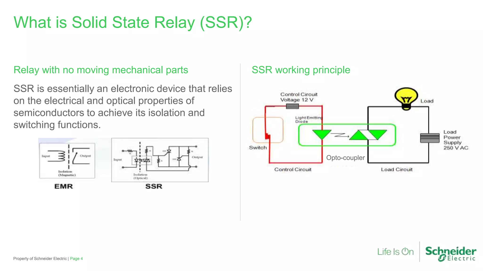 SSR working principleRelay with no moving mechanical parts
SSR is essentially an electronic device that relies
on the electrical and optical properties of
semiconductors to achieve its isolation and
switching functions.
What is Solid State Relay (SSR)?
Opto-coupler
Page 4Property of Schneider Electric |
 
