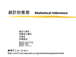 統計的推測　 Statistical Inference



            推定と検定
            母集団と標本
            点推定
            区間推定
            2007.07.04 　母平均のまとめ追加
            2007.05.25 情報統計学 R より編集
            2008.06.20 一部編集
            2012.07.13 　信頼区間
            2012.07.17 　 t- 分布表の引き方




参考アニメーション
http://case.f7.ems.okayama-u.ac.jp/animation/population.html
 