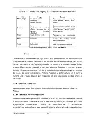 PLAN DE DESARROLLO MUNICIPAL – LA GUARDIA 2006-2010




         Cuadro 57       Principales plagas y su control en cultivos tradicionales

          Cultivo                  Plaga                                 Control
      Maíz , Sorgo        Gusano cogollero                     Aspersiones con insecticidas
                          Langosta                              como: Alsistyn, Match, Dimilin,
                          Cepe u Hormiga                        trueno.

                          Loros                                Espanta pájaros, producir ruidos
      Sésamo              Spodoptera (barrenador),             Aspersiones con insecticidas
                          Heliotis (Gusano de la                como: Alsistyn, Match, Dimilin,
                          capsula),        Prodenia             trueno, Karate.
                          (Defoliador)
      Fréjol              Cepe, Chinche verde                  Aspersiones con insecticidas
                                                                como: Karate
      Maní                Ciempiés                             Quema del restrojo como
                                                                medida preventiva

      Yuca                Rata, Jochi                          Usar trampas para roedores

                         Fuente: Boletines informativos de CAO, ANAPO y PROMASOR




                Enfermedades

La incidencia de enfermedades es baja, esto se debe principalmente por las características
que presenta el ecosistema de la región. Sin embargo es bueno mencionar que para el caso
del maíz se presenta el carbón (Ustilago maydis) y el pasmo; en el sésamo prudrición de tallo
y raices (Macrophomina phaseoli), la marchites sistémica (Fusarium oxysporum), Moteado
de hojas (Cercospora sesami); en el fréjol, la podredumbre del tallo causado por un complejo
de hongos del genero Rhizoctonia, Phytium, Fusarium y Colletrotichum; en el maní, la
mancha café o viruela causada por Cercospora sp. Que se presenta con bajo grado de
infestación

E.4.9 Costos de producción

La estructura de costos de producción de los principales rubros agrícolas se indican en
Anexos

E.4.10 Sistema de producción pecuario

En la actualidad el hato ganadero en Bolivia es de 6.360.707 cabezas cantidad que satisface
la demanda interna. En consideración a la diversidad agro ecológica, sistemas productivos
agropecuarios        predominantes,      circuitos     de       comercialización     y    caracterización
epidemiológica, se identificaron para la estratificación de la fiebre aftosa 4 zonas del territorio


CAEM Consultores                                     123
 