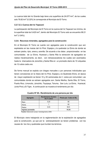 Ajuste del Plan de Desarrollo Municipal El Torno 2009-2013



La cuenca total del río Grande bajo tiene una superficie de 24.077 km2, de los cuales
solo 76.82 km2 (0.32%) le corresponde al Municipio de El Torno.

3.2.7.2.3. Cuenca del río Yapacani

La participación del Municipio de El Torno en la cuenca del río Yapacaní es mínima, de
la superficie total de 9.425 km2, dentro del Municipio El Torno solo se encuentra 98.21
km2 (1.04%).

3.2.8. Recursos minerales, agregados para la construcción

En el Municipio El Torno se cuenta con agregados para la construcción que son
explotados en las riveras del río Piraí, Espejos y la quebrada La Elvira de donde se
extraen piedra, ripio, arena y arenilla. De acuerdo a los datos proporcionados en las
comunidades      de La Elvira, Huaracal y Santa Rita la extracción de agregados se
realiza mecánicamente, es decir, con retroexcavadoras los cuales son acarreados
hasta la chancadora de Jorochito y Santa Rita en un promedio diario de 10 volquetas
de 12 cubos cada una.


De forma manual se explota con dragas manuales o por personas individuales que
tienen concesiones en la ribera del río Piraí, Espejos y la Quebrada Elvira, en época
de mayor explotación se tienen 10 y 20 camionadas de 4 cubos por comunidad. Las
comunidades donde se extraen agregados son: Santa Martha, Santa Rita, El Torno,
Puerto Rico, Limoncito, Jorochito, Tiquipaya, Taruma, San Luís, La Elvira, Huaracal,
Junta Piraí y El Tigre. A continuación se muestra el rendimiento por día:


                 Cuadro Nº 20.- Rendimiento de una persona por día

                                       Rendimiento Hombre
                 Agregado                                   Precio por Cubo en Bs.
                                           día 4 cubos

         Ripio                                   0,25                80

         Arena                                     1                 60

         Piedra                                  0,33                82,5
         Ingreso promedio                                           74,16
        Fuente: Elaboración propia. Autodiagnóstico 2008.



El Municipio viene trabajando en la reglamentación de la explotación de agregados
para la construcción, ya que por la sobreexplotación se tienen problemas con los
causes de los ríos y quebradas que inundan los terrenos.




                                                                                     37
 
